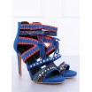 Modré dámské sandály na podpatku a originálním přepracováním