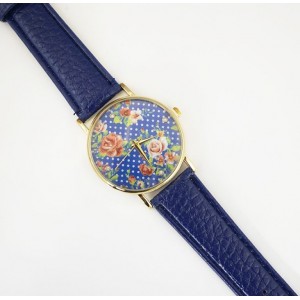 Tmavě modré náramkové hodinky s květinovým ciferníkem