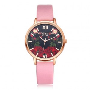 Růžové dámské náramkové hodinky s růžičkami