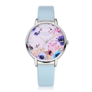 Světle modré hodinky dámské na ruku s růžovým květinovým ciferníkem