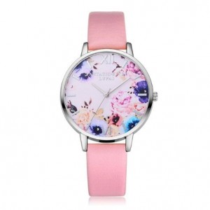Stříbrno růžové dámské hodinky s kytičkami