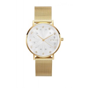 Exkluzivní dámské zlaté kovové hodinky s krystalky v ciferníku.
