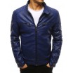 Stylová modrá pánská kožená bunda s módním motorkářským designem