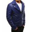 Pánská modrá kožená bunda s výrazným límcem