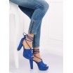Stylové modré dámské sandály s vázáním kolem nohy a na plném podpatku