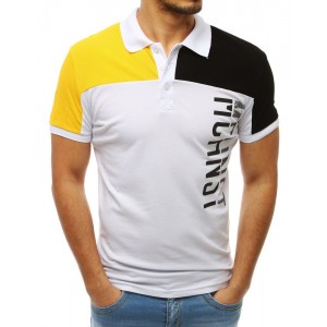 Pánské bílé tričko s límečkem a nápisem v kombinaci žluté a černé barvy