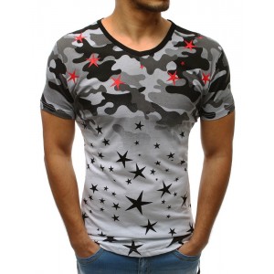 Trendy pánské šedé maskáčové tričko s potiskem hvězd a výstřihem do V