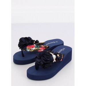 Tmavě modré dámské pantofle letní na platformě s květem a perlami