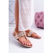 Elegantní dámské růžovo zlaté sandály na nízké podrážce s kamínky