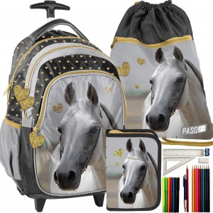 Dívčí školní taška na kolečkách v trojsadě s motivem koně