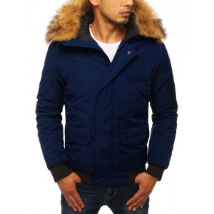 Moderní pánská zimní bunda s kapucí tmavě modré barvy