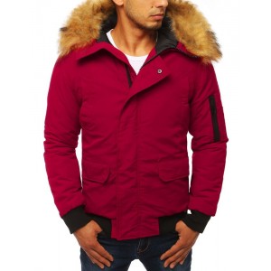 Pánská bunda na zimu vínové barvy s kapucí a kožešinou