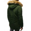 Dlouhá pánská zimní bunda s kapucí a kožešinou zelené barvy