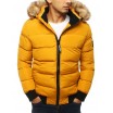 Žlutá prošívaná bunda na zimu s kapucí a kožešinou