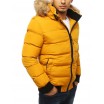 Žlutá prošívaná bunda na zimu s kapucí a kožešinou