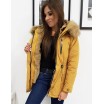 Žlutá dámská zimní bunda parka s kapucí a odnímatelným kožíškem