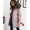 Růžová dámská dlouhá bunda na zimu s kapucí a bohatou kožešinou