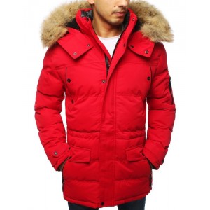 Dlouhá pánská zimní bunda s kožešinou v červené barvě