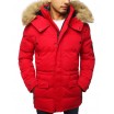 Dlouhá pánská zimní bunda s kožešinou v červené barvě