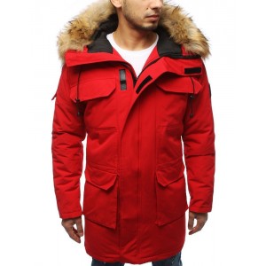 Dlouhá pánská zimní bunda v červené barvě s kapucí