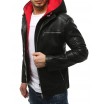 Originální černá pánská kožená bunda s kapucí a trendy designem