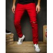 Červené mírně zúžené pánské džíny s módními dírami
