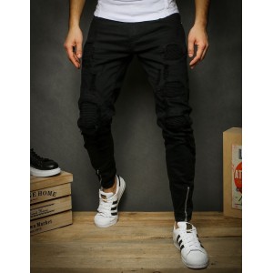 Pánské roztrhané džíny černé barvy se zipy