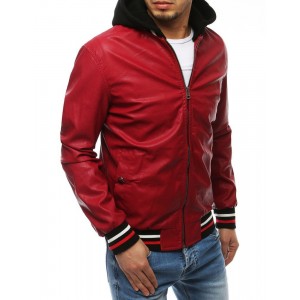 Červená pánská kožená bunda s odnímatelnou kapucí