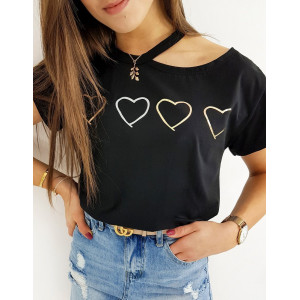Černé dámské tričko asymetrického střihu s potiskem srdcí