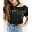 Černé dámské tričko asymetrického střihu s potiskem srdcí