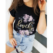 Stylové dámské černé tričko s potiskem květin a nápisem LOVELY