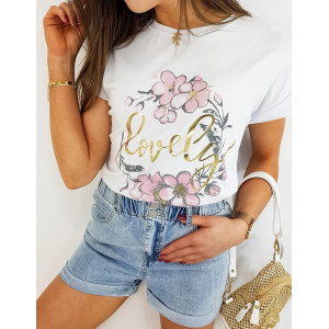 Krásné dámské bílé tričko s potiskem květin a nápisem LOVELY