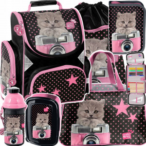 Školní šest dílná taška pro dívky s motivem kočky s fotoaparátem