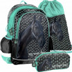 Školní taška mentolové barvy v třídílné sadě s motivem koně