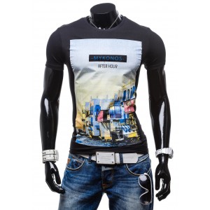 Tričko pro pány černé barvy s barevným motivem města