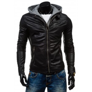 Stylový pánská kožená bunda černé barvy s kapucí