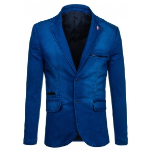 Sytě modré pánské sako s černým pásem na kapsách
