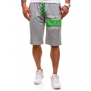 Krátké pánské teplákové kalhoty v šedé barvě se zeleným nápisem