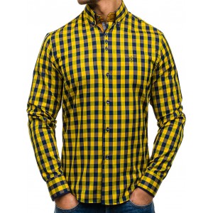 Žluté pánské kostkované košile s dlouhým rukávem