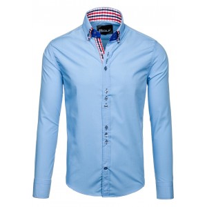 Světle modrá společenská pánská košile s knoflíkem na límci