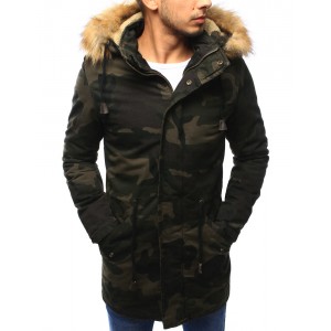 Pánská prodloužená zateplená zimní bunda ve stylu army s hnědou kožešinovou kapucí