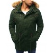 Pánská prodloužená bunda na zimu v zelené barvě s kapsami a hnědou kožešinovou kapucí