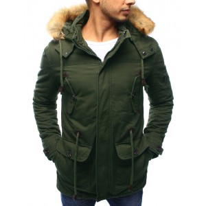 Pánská prodloužená bunda na zimu v zelené barvě s hnědou kožešinových kapucí s rozparkem na zádech