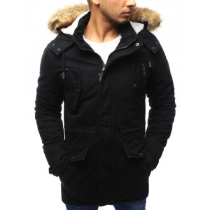 Prodloužená pánská bunda na zimu v černé barvě s kapucí a rozparkem na zádech