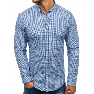 Kárované pánské košile v modré barvě s dlouhými rukávy a bílými knoflíky