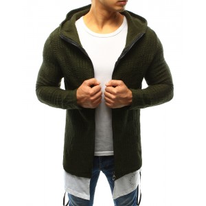 Pletený pánský svetr zelené barvy se zipem a kapucí