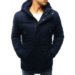Prošívaná pánská bunda na zimu s kapucí a kapsami v tmavě modré barvě