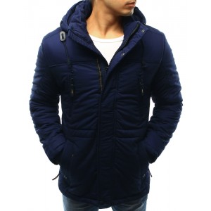 Prodloužená pánská bunda na zimu s kapucí a stahováním na pásu v modré barvě