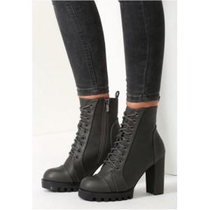 Moderní dámské kotníkové boty na vysokém podpatku v tmavě šedé barvě se šněrováním