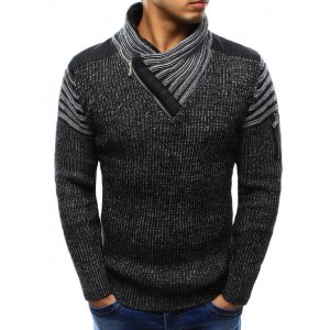 Černý pánský bavlněný svetr s límcem a zipem na rukávech